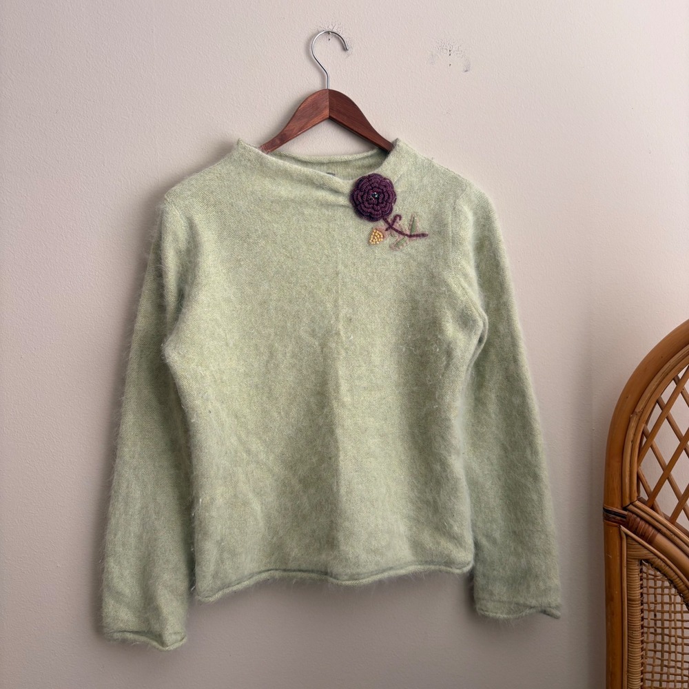 VTG Early 00s Anthropologie Fuzzy Brushed Rabbit Hair Embroidered Mock Sweater